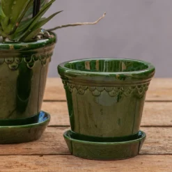 Scalloped Tapered Plant Pot With Saucer - Dark Green -Plant Verdant Sales pr2000035578 card3 lg